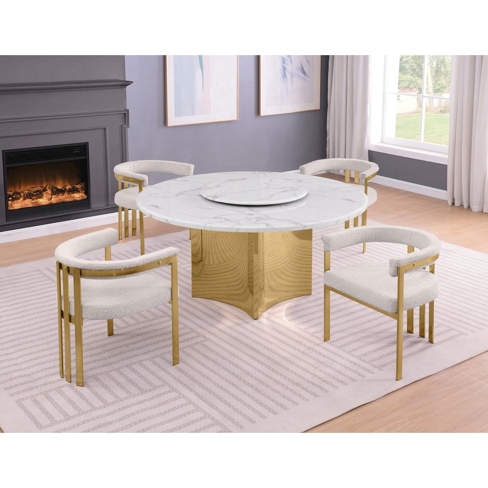 5pc Circle Marble Top Gold Base With Lazy Susan and 4 Cream Chairs