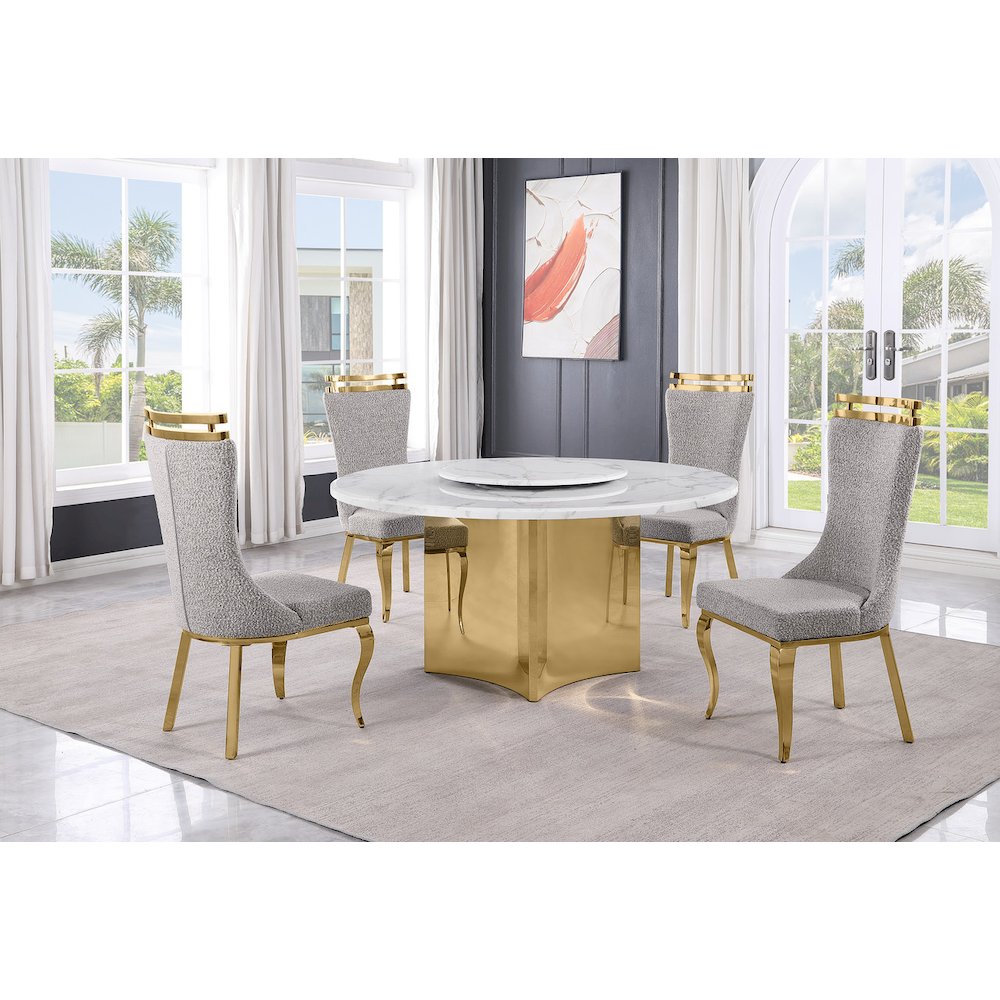 5pc Circle Marble Top With Lazy Susan and 4 Rich Gray Chairs with Gold Base