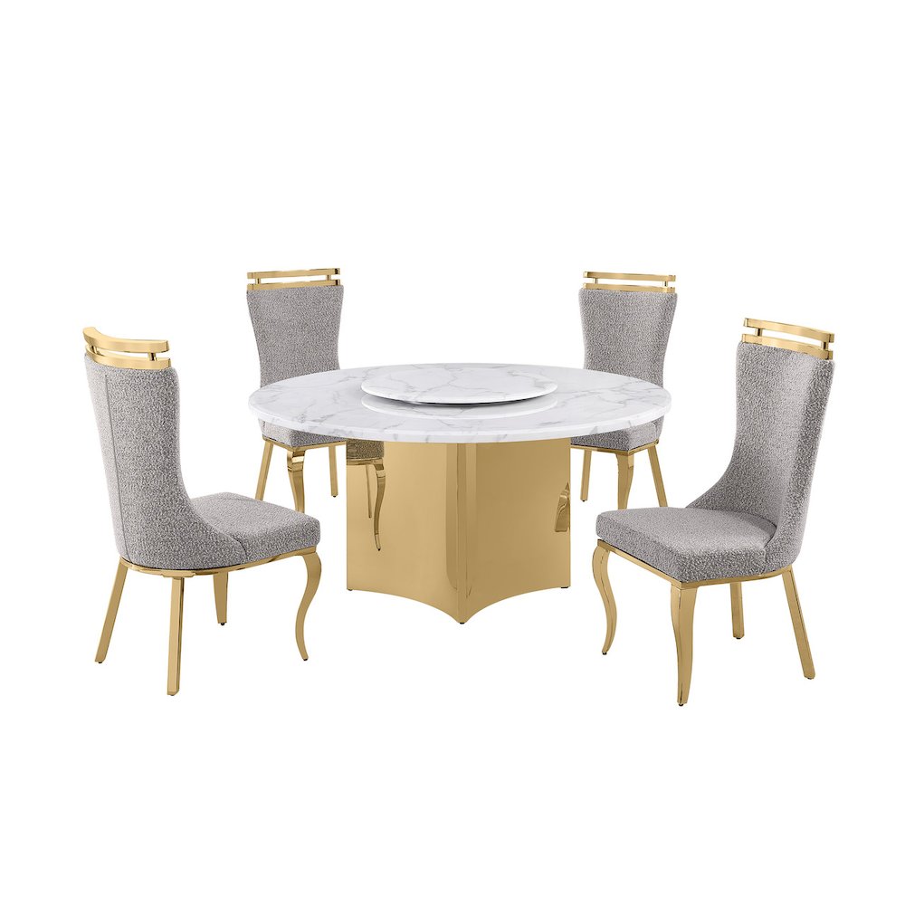 5pc Circle Marble Top With Lazy Susan and 4 Rich Gray Chairs with Gold Base