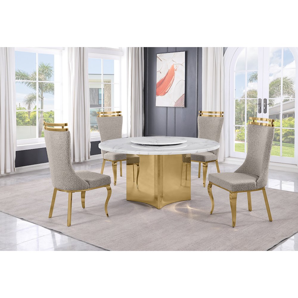 5pc Circle Marble Top With Lazy Susan and 4 Gray Chairs with Gold Base