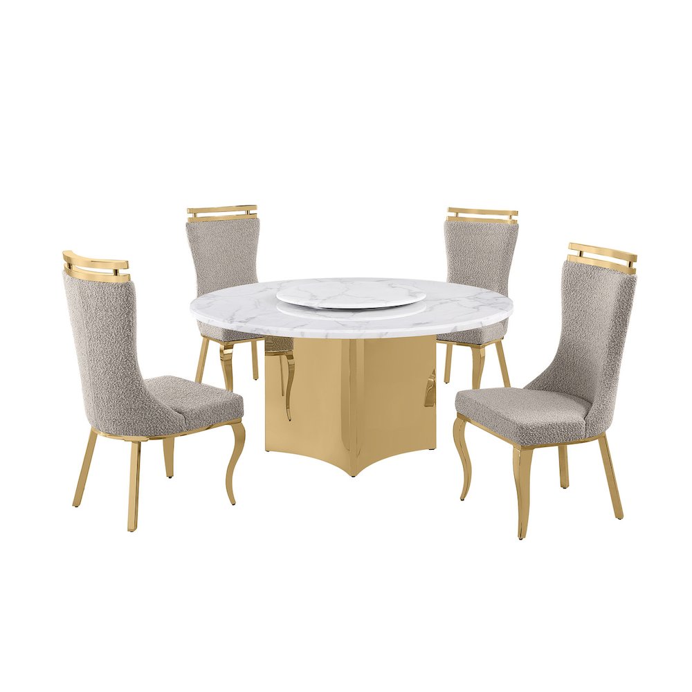 5pc Circle Marble Top With Lazy Susan and 4 Gray Chairs with Gold Base