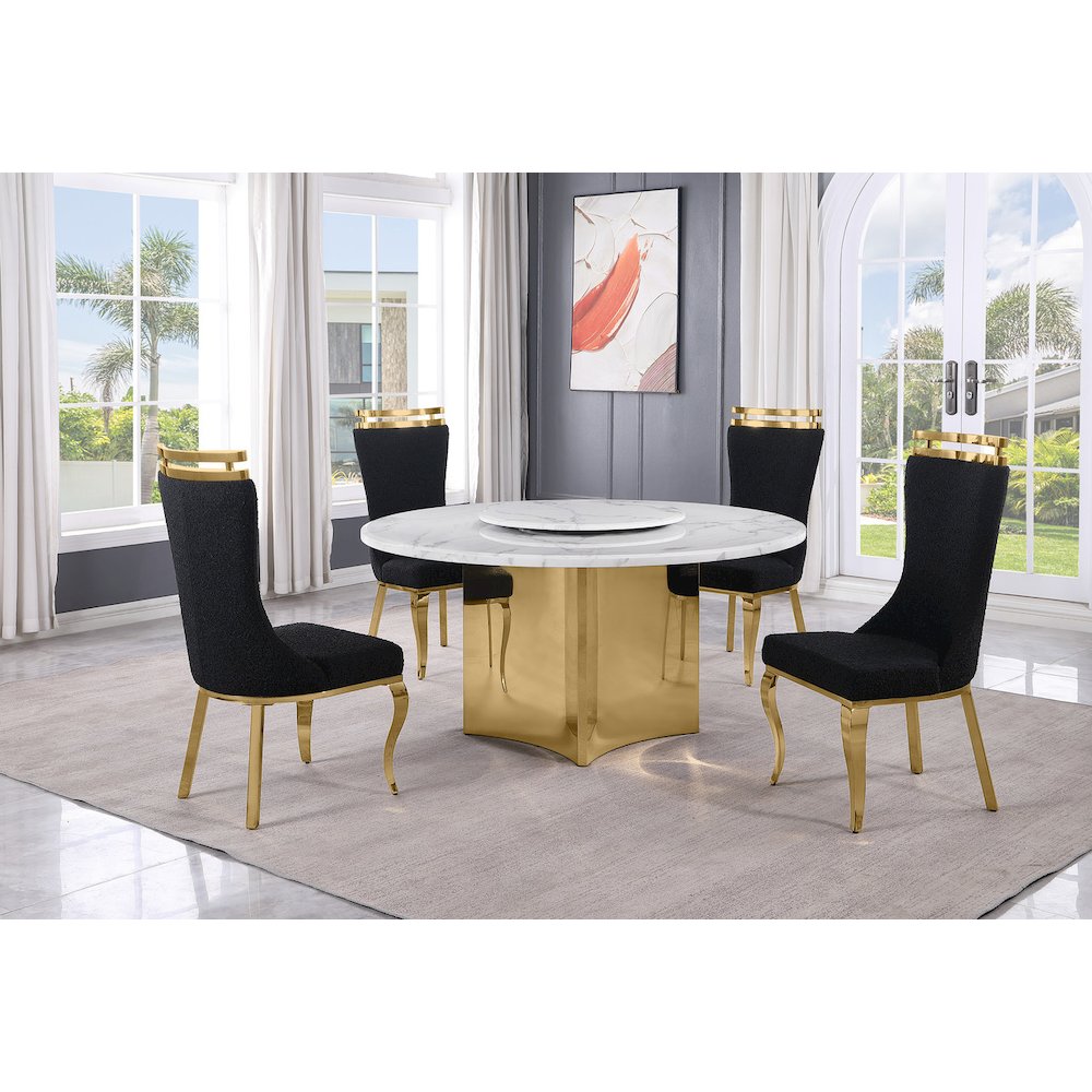 5pc Circle Marble Top With Lazy Susan and 4 Black with Gold Chairs