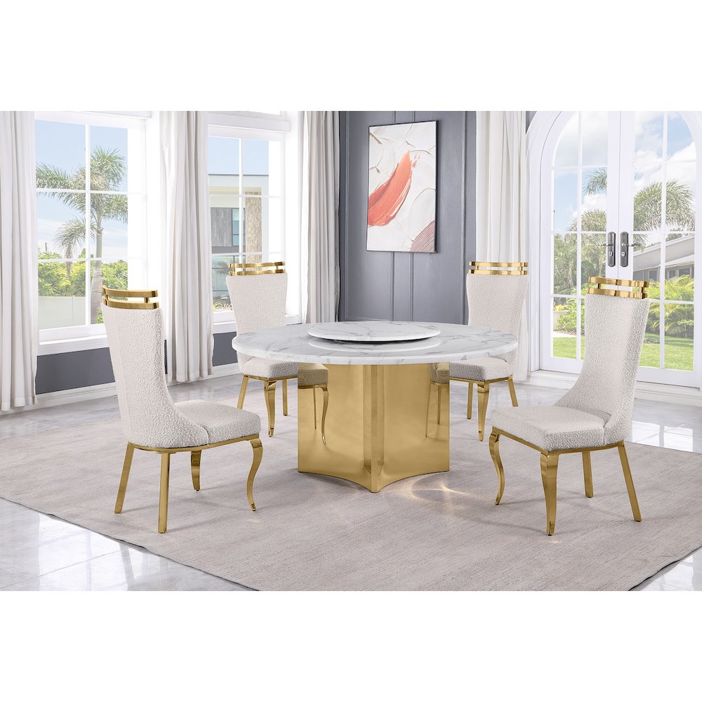 5pc Circle Marble Top With Lazy Susan and 4 Cream Chairs with Gold Base