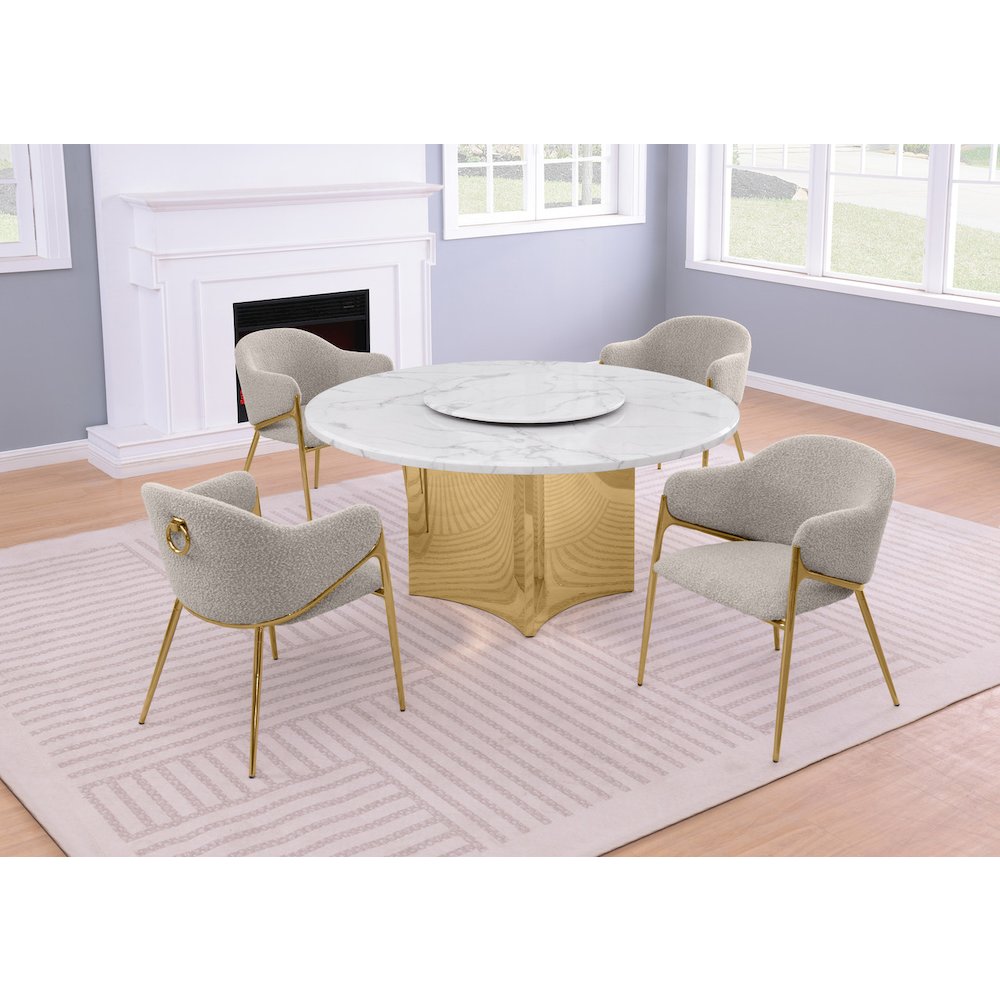 5pc Circle Marble Top With Lazy Susan and 4 Gray Chairs with Gold Base