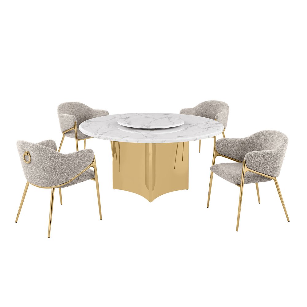 5pc Circle Marble Top With Lazy Susan and 4 Gray Chairs with Gold Base