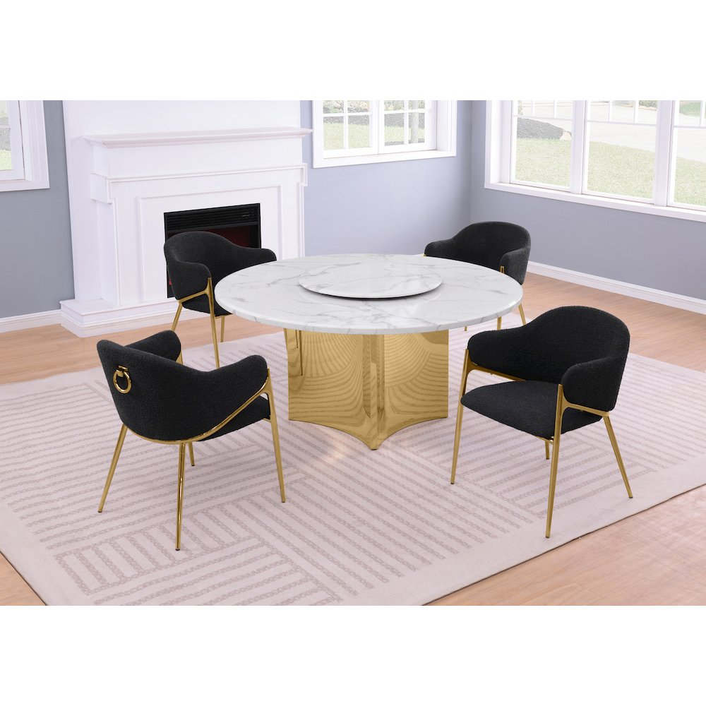 5pc Circle Marble Top With Lazy Susan and 4 Black with Gold Base Chairs