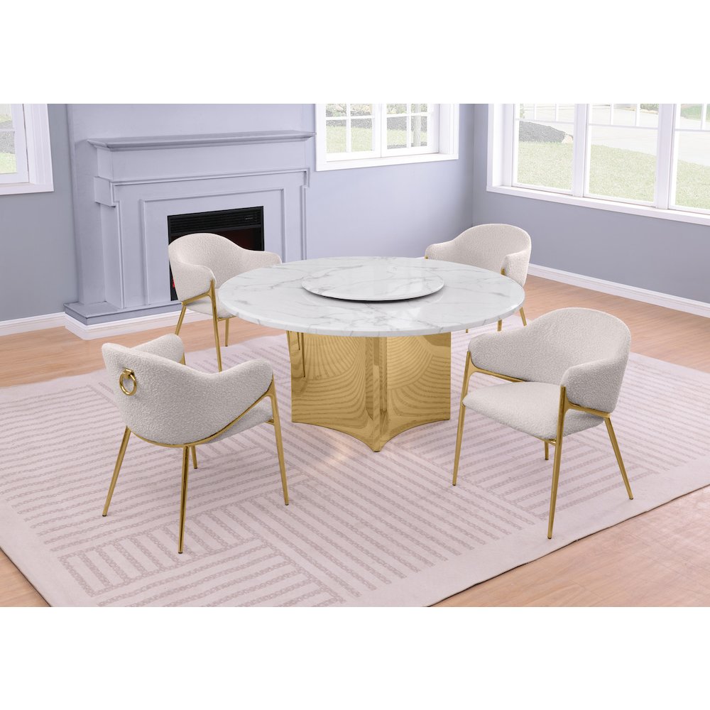 5pc Circle Marble Top With Lazy Susan and 4 Cream Chairs with Gold Base