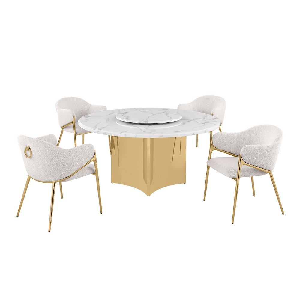 5pc Circle Marble Top With Lazy Susan and 4 Cream Chairs with Gold Base