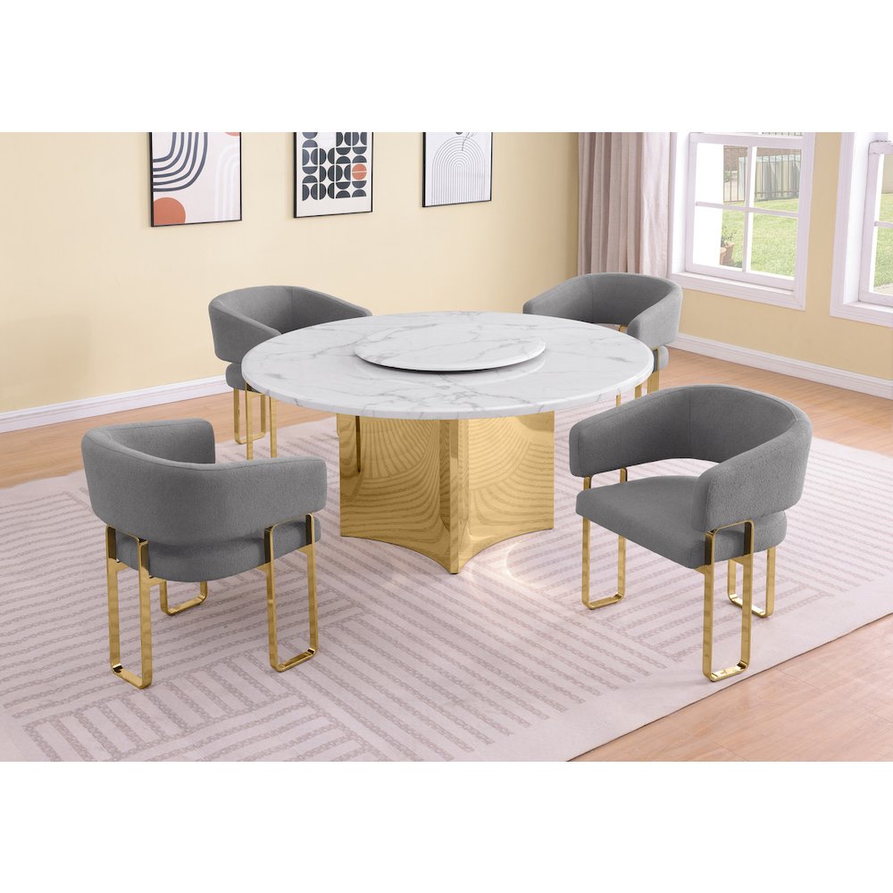 5pc Circle Marble Top With Lazy Susan and 4 Dark Gray Tri-Leg Desing Gold Base