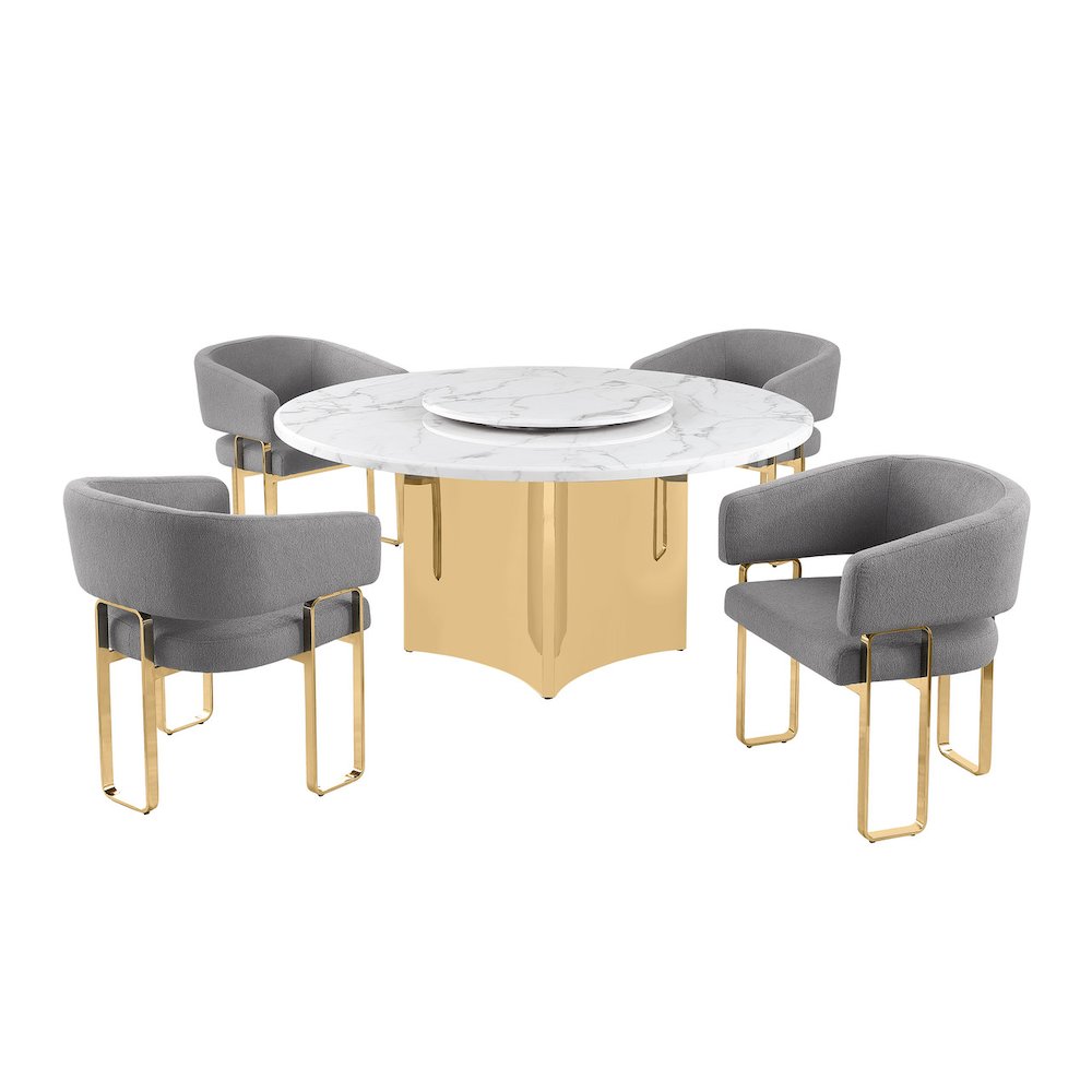 5pc Circle Marble Top With Lazy Susan and 4 Dark Gray Tri-Leg Desing Gold Base