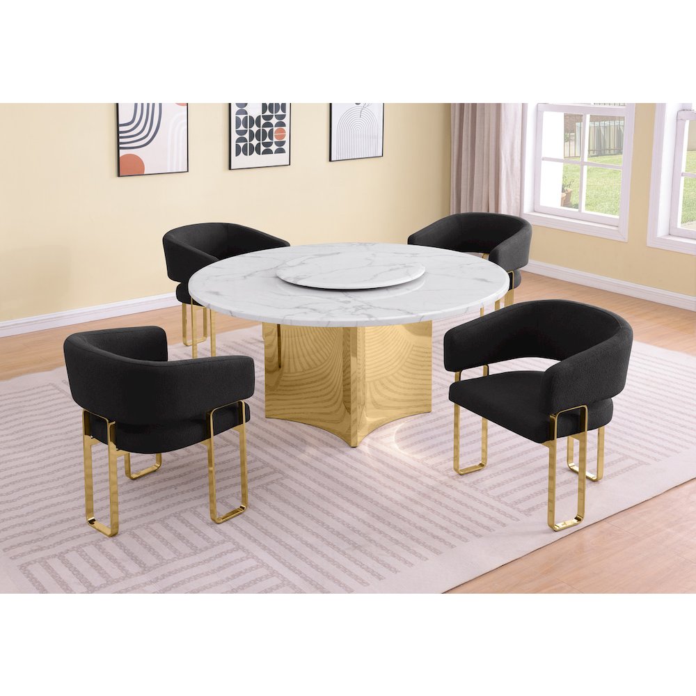 5pc Circle Marble Top With Lazy Susan and 4 Black Tri-Leg Desing Gold Base