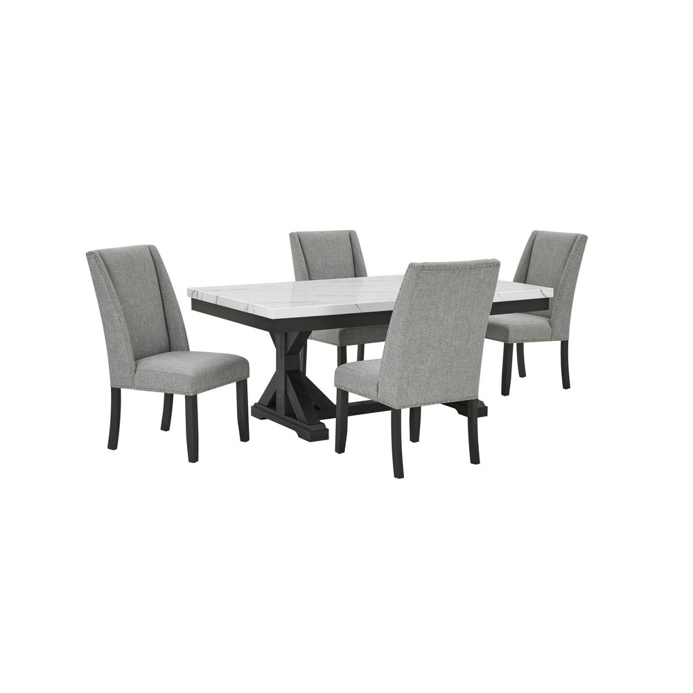 5Pc Fuax Marble Top Dining Set With 4 Gray Side Chairs