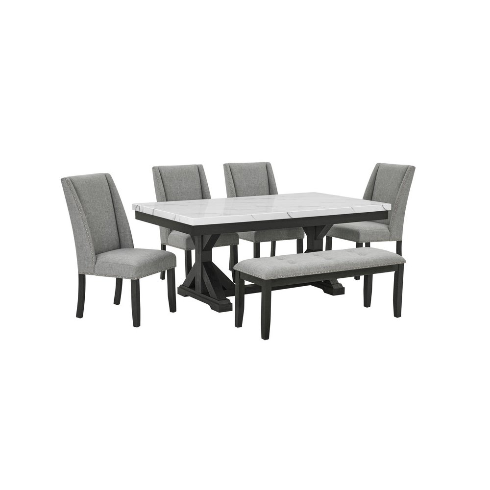 6Pc Fuax Marble Top Dining Set With 4 Gray Side Chairs And A Matching Bench