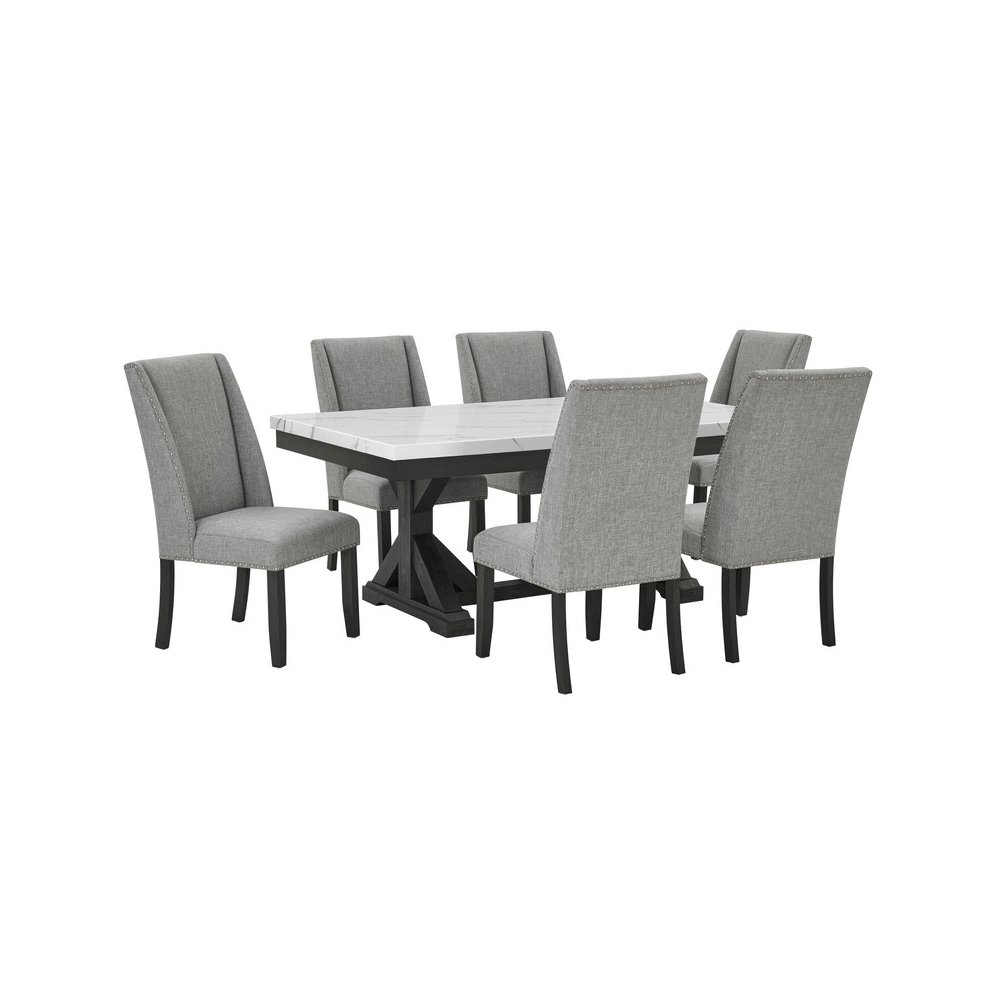 7Pc Fuax Marble Top Dining Set With 6 Gray Side Chairs