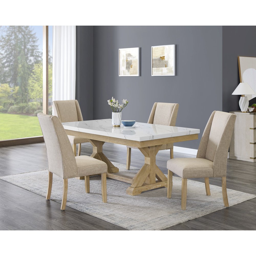5Pc Fuax Marble Top Dining Set With 4 Beige Side Chairs