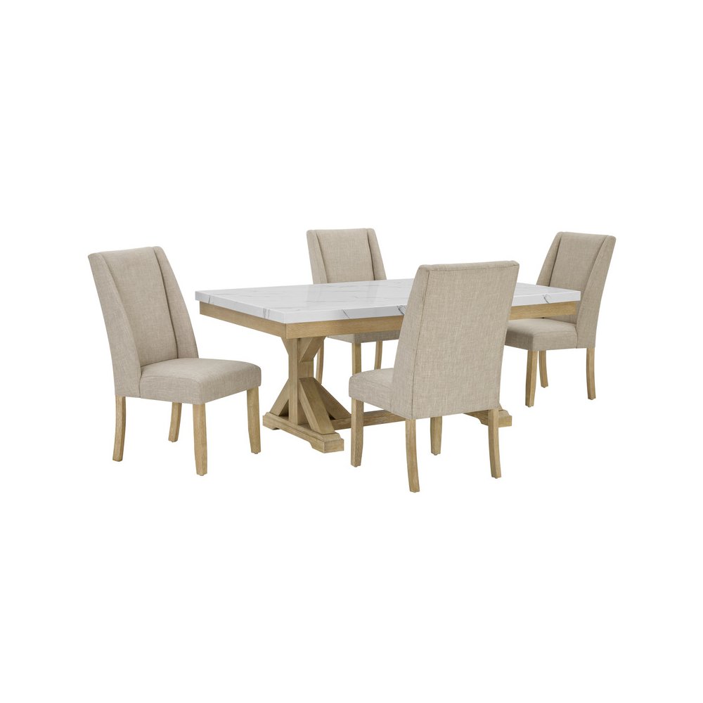 5Pc Fuax Marble Top Dining Set With 4 Beige Side Chairs