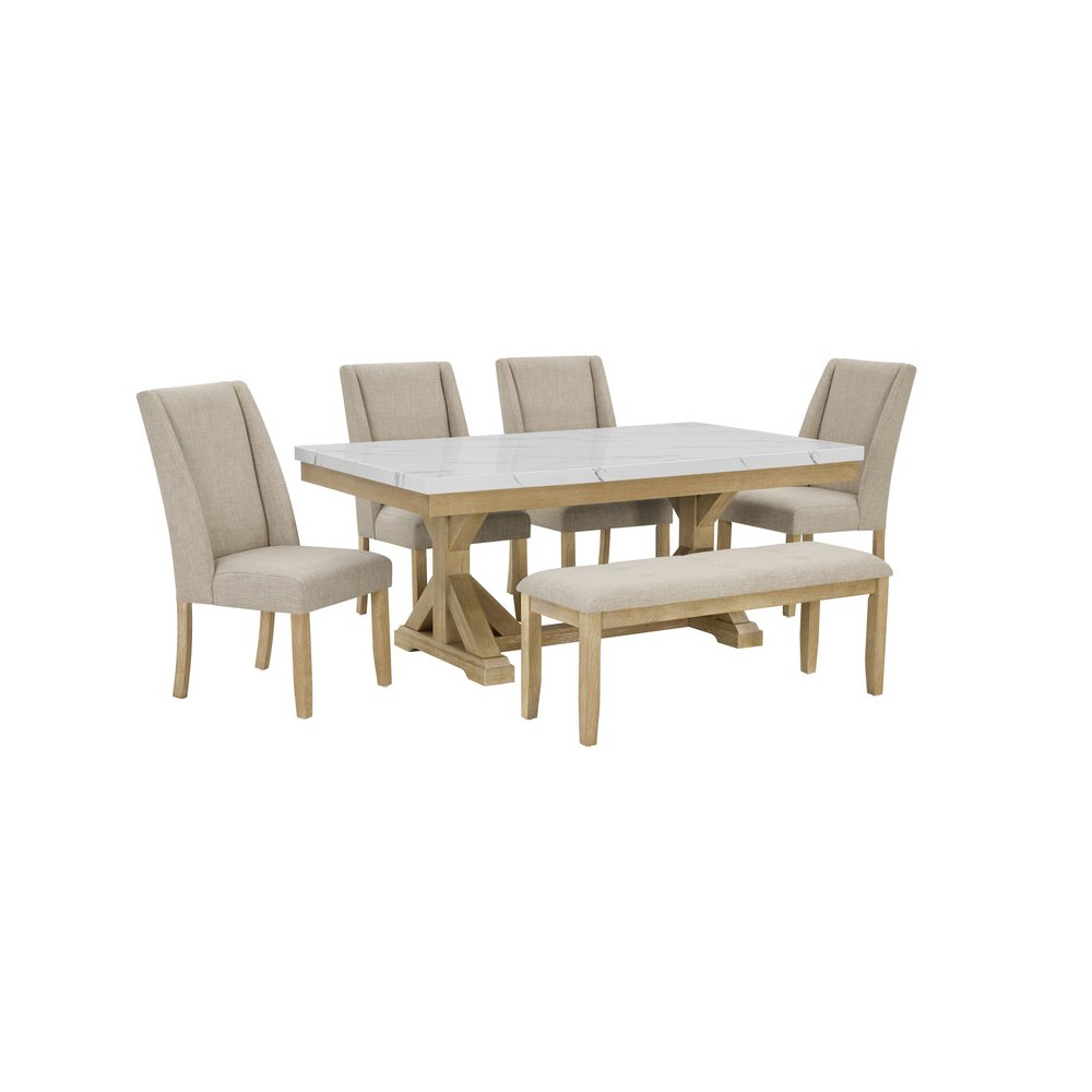 6Pc Fuax Marble Top Dining Set With 4 Beige Side Chairs And A Matching Bench