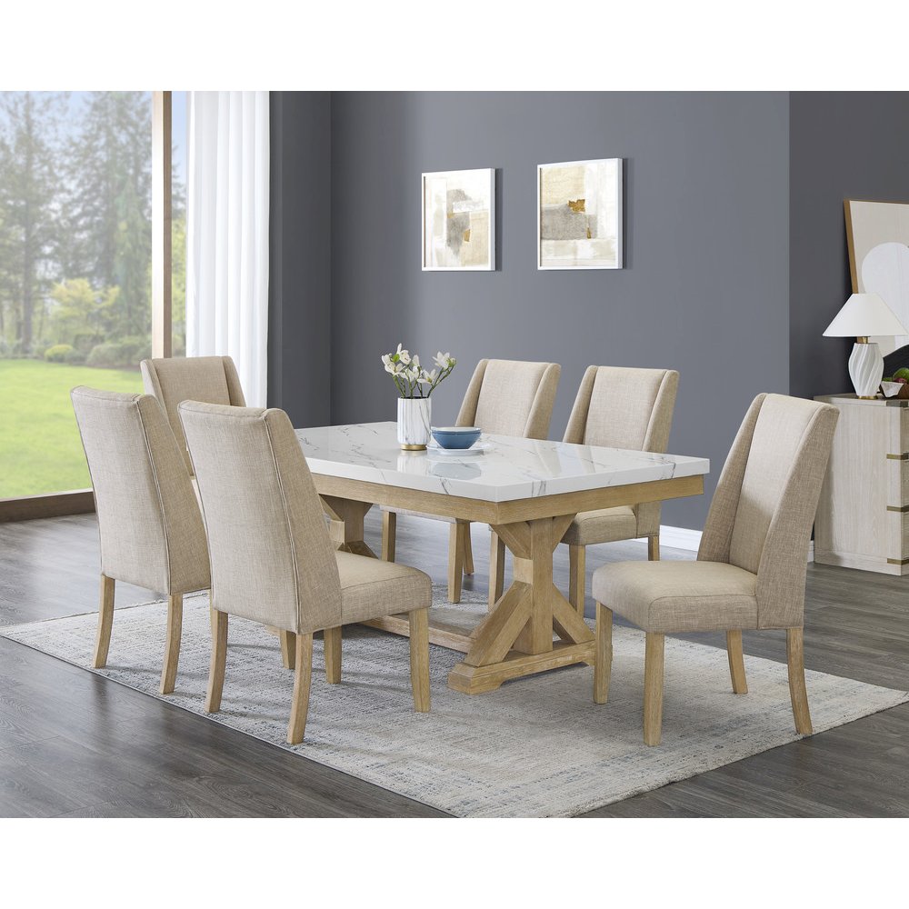 7Pc Fuax Marble Top Dining Set With 6 Beige Side Chairs
