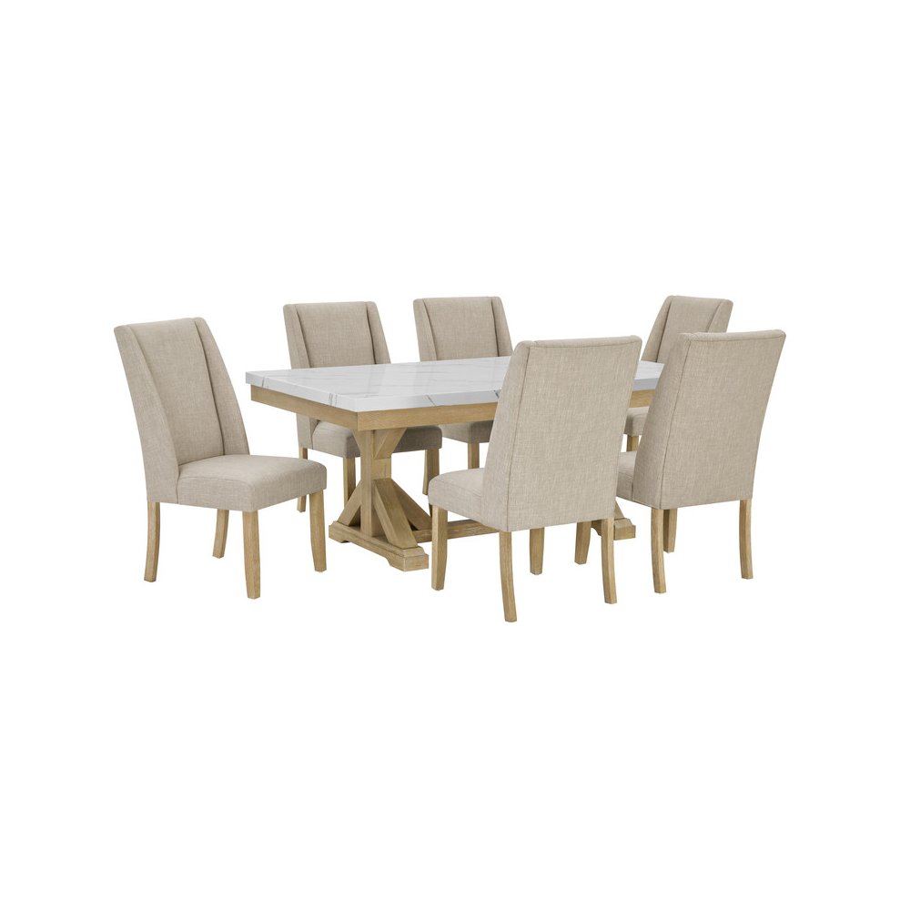 7Pc Fuax Marble Top Dining Set With 6 Beige Side Chairs