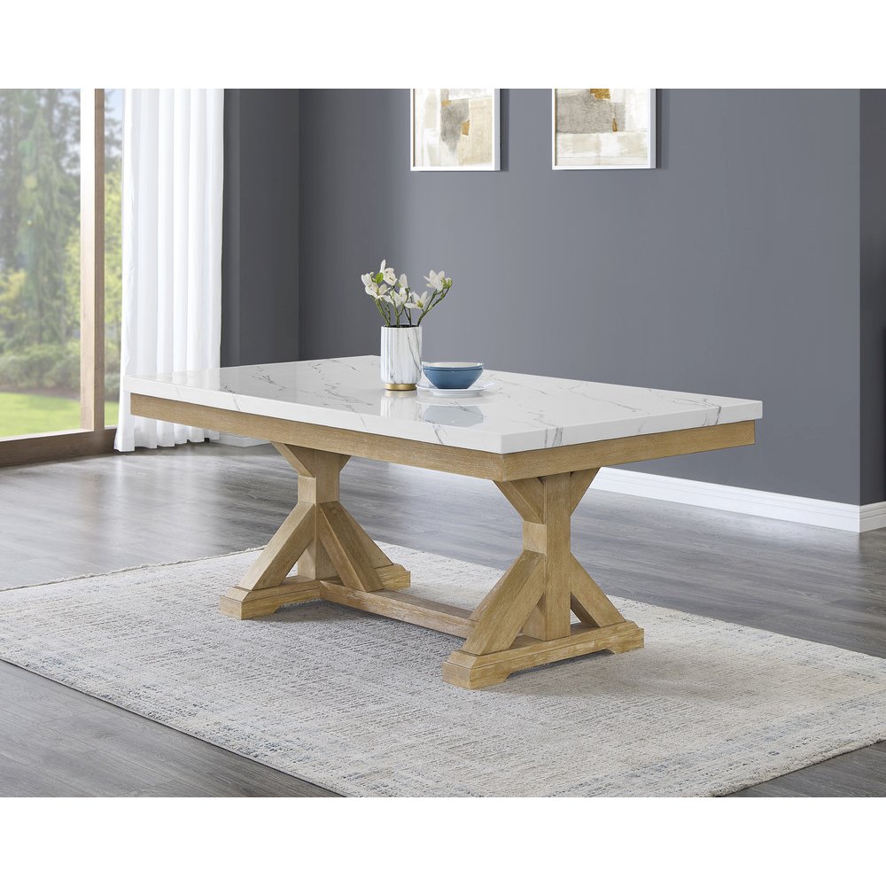 Faux Marble Top Dining Table With Rustic Beige Wood Base