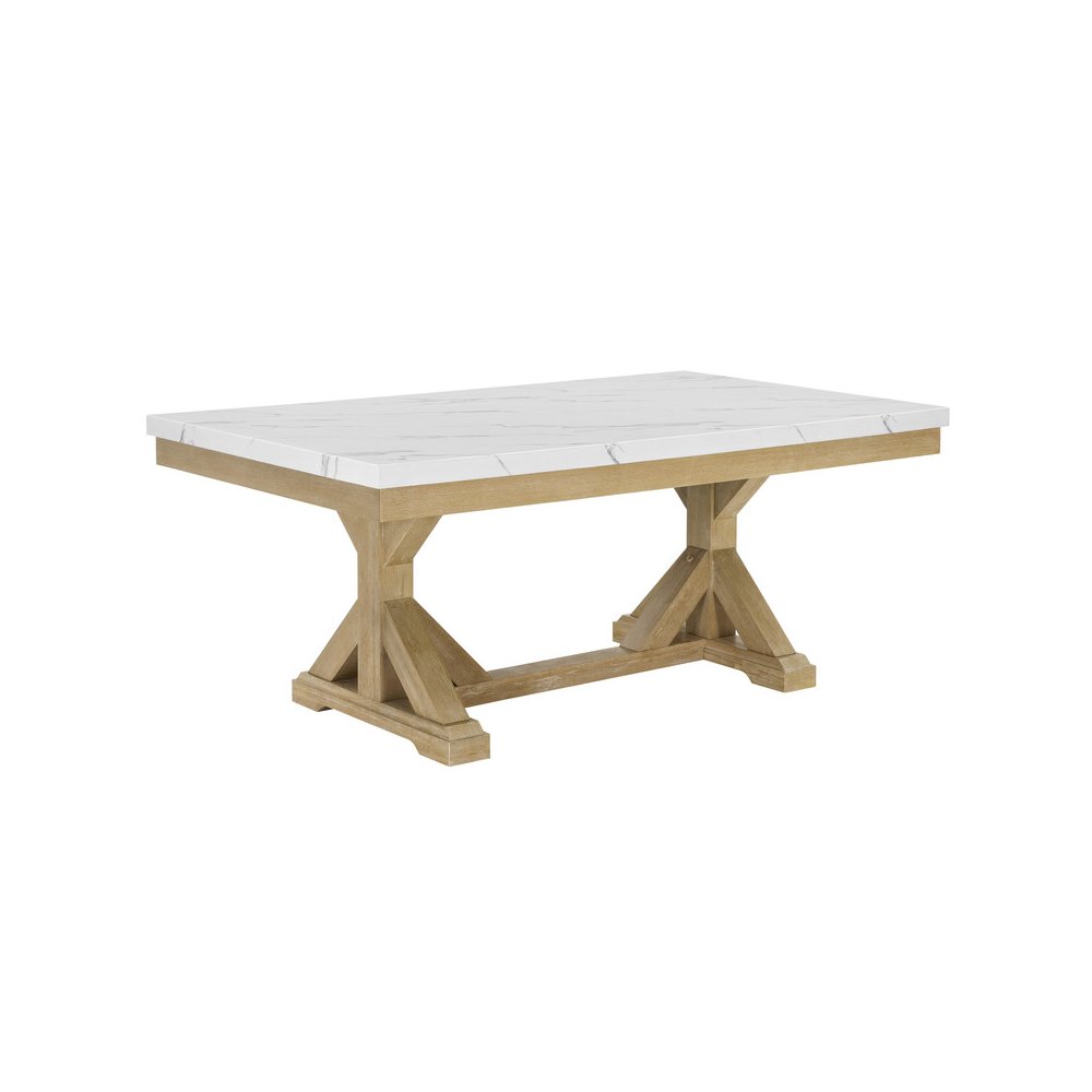 Faux Marble Top Dining Table With Rustic Beige Wood Base