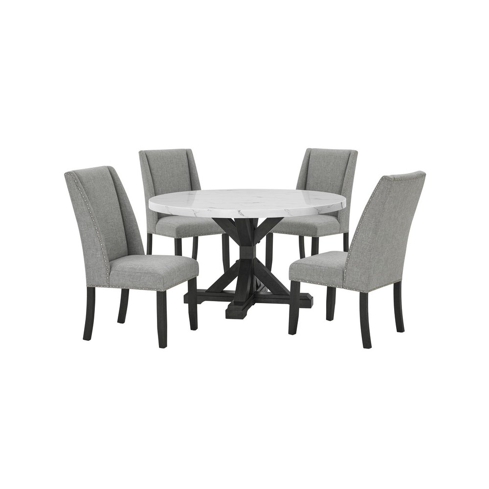 5Pc Faux Marble Table With 4 Rustic Gray Fabric Side Chairs