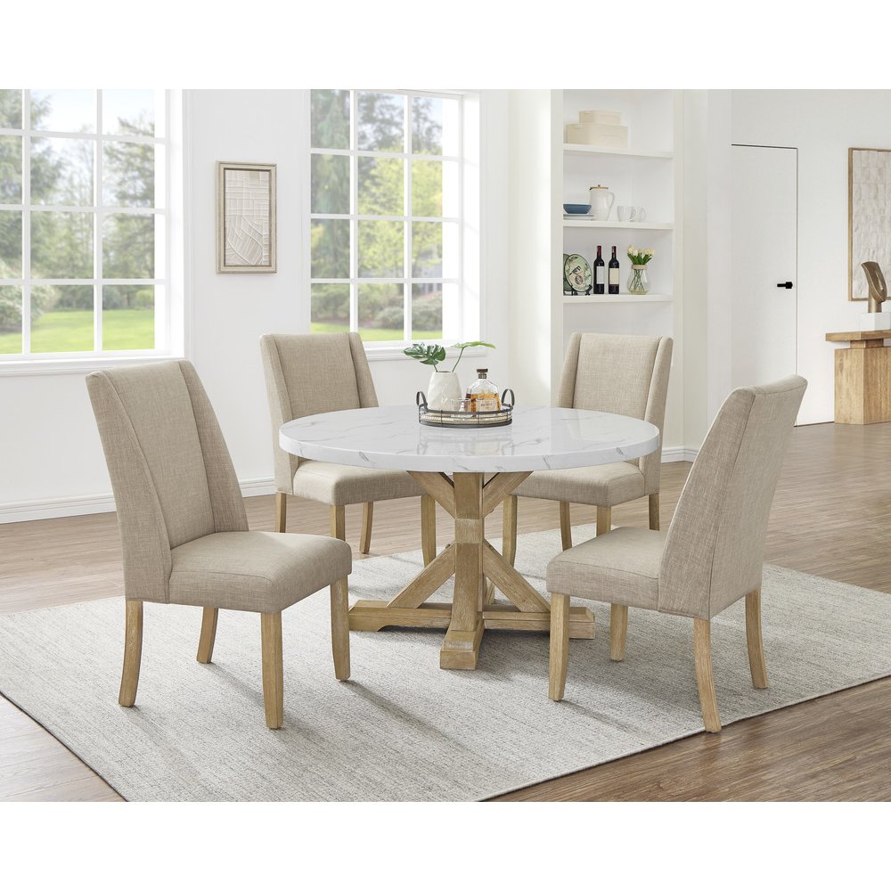 5Pc Faux Marble Table With 4 Rustic Beige Fabric Side Chairs