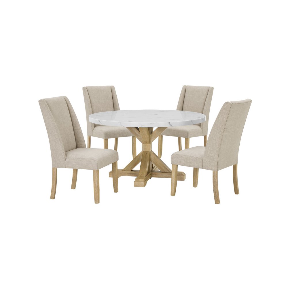 5Pc Faux Marble Table With 4 Rustic Beige Fabric Side Chairs