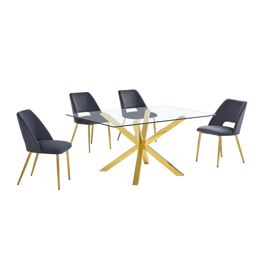 5pc modern glass dining table with 4 Dark grey side chairs