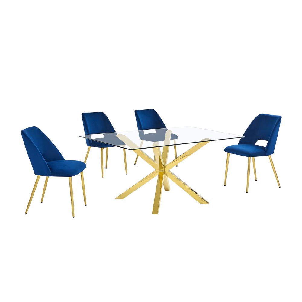 5pc modern glass dining table with 4 Navy blue side chairs
