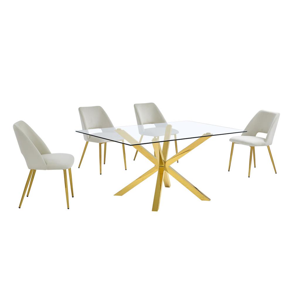 5pc modern glass dining table with 4 Cream side chairs