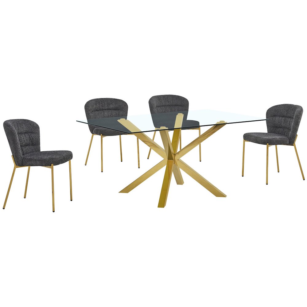 Rectangle Tempered Glass Dining Table With 4 Dark Grey Side Chairs