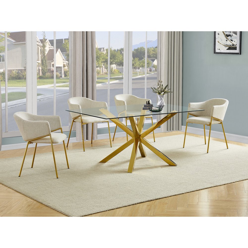 5Pc Rectangle Tempered Glass Dining Table With 4 Beige Side Chairs