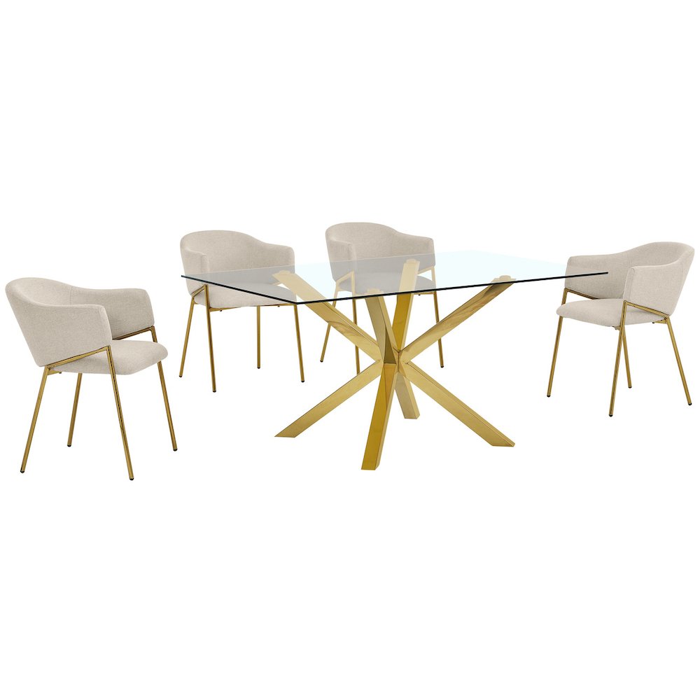 5Pc Rectangle Tempered Glass Dining Table With 4 Beige Side Chairs