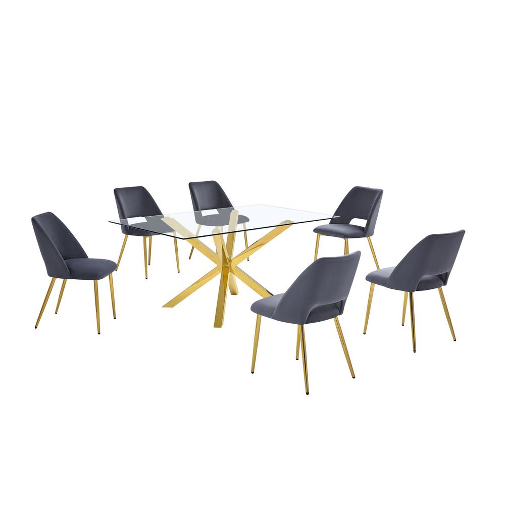 7pc modern glass dining table with 6 Dark grey side chairs