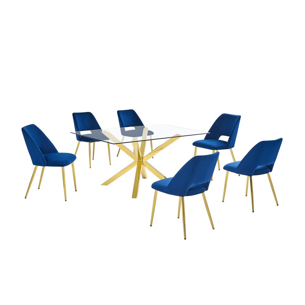 7pc modern glass dining table with 6 Navy blue side chairs