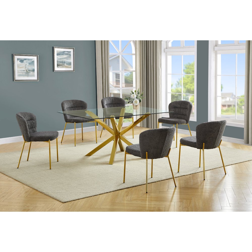 Rectangle Tempered Glass Dining Table With 6 Dark Grey Side Chairs