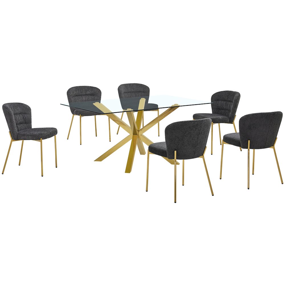 Rectangle Tempered Glass Dining Table With 6 Dark Grey Side Chairs