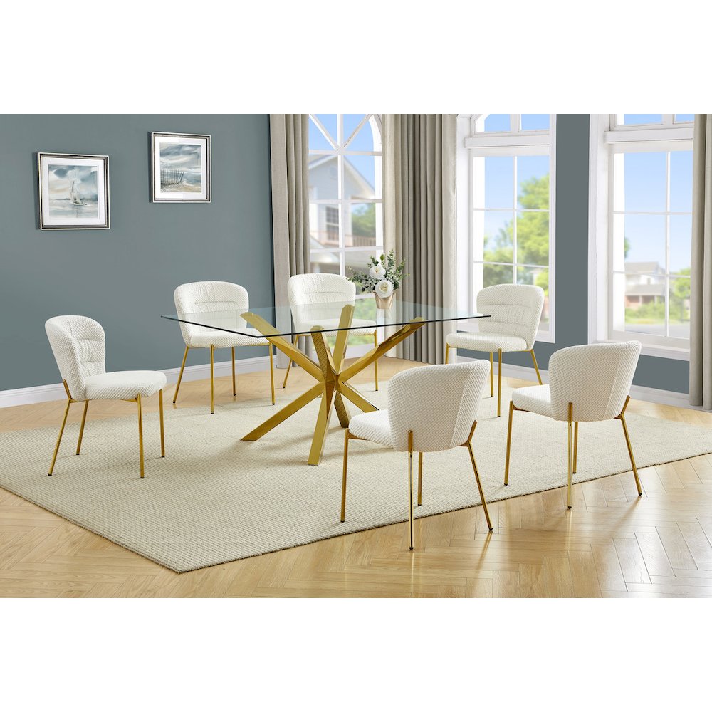 Rectangle Tempered Glass Dining Table With 6 Cream Side Chairs