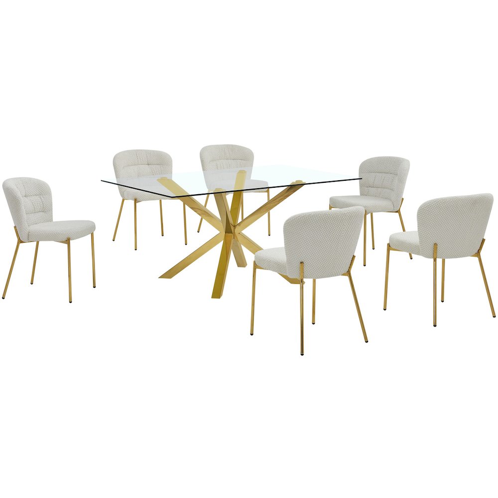 Rectangle Tempered Glass Dining Table With 6 Cream Side Chairs
