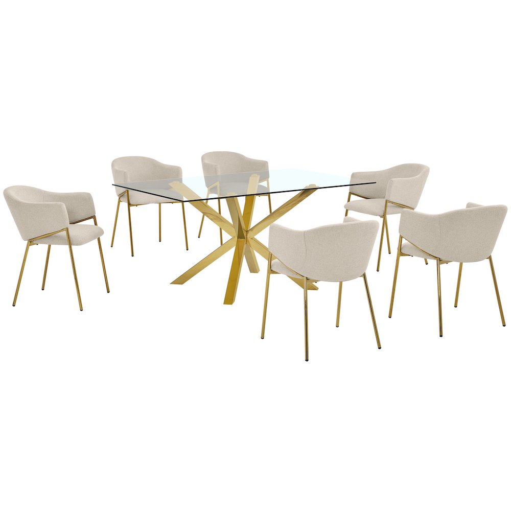 7Pc Rectangle Tempered Glass Dining Table With 6 Beige Side Chairs