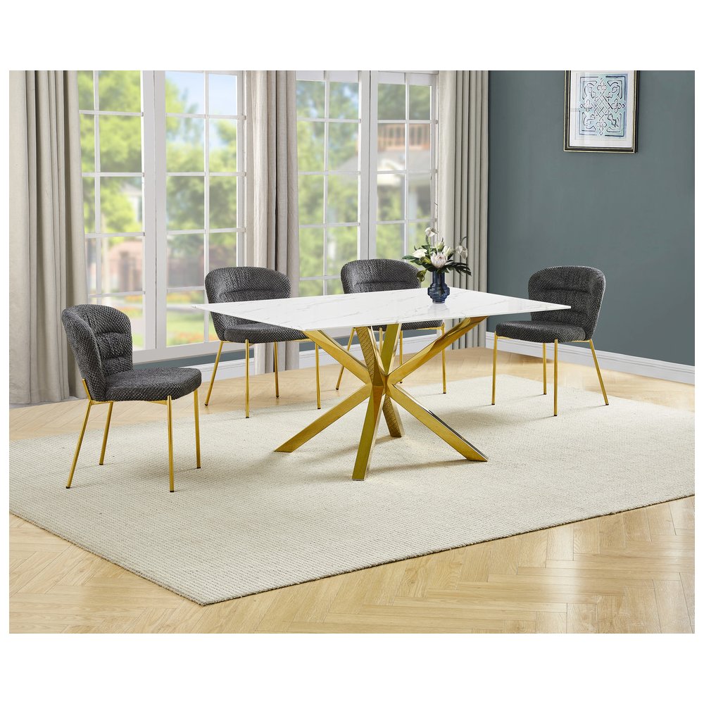 Rectangle White Marble Wrap Glass Dining Table With 4 Dark Grey Side Chairs