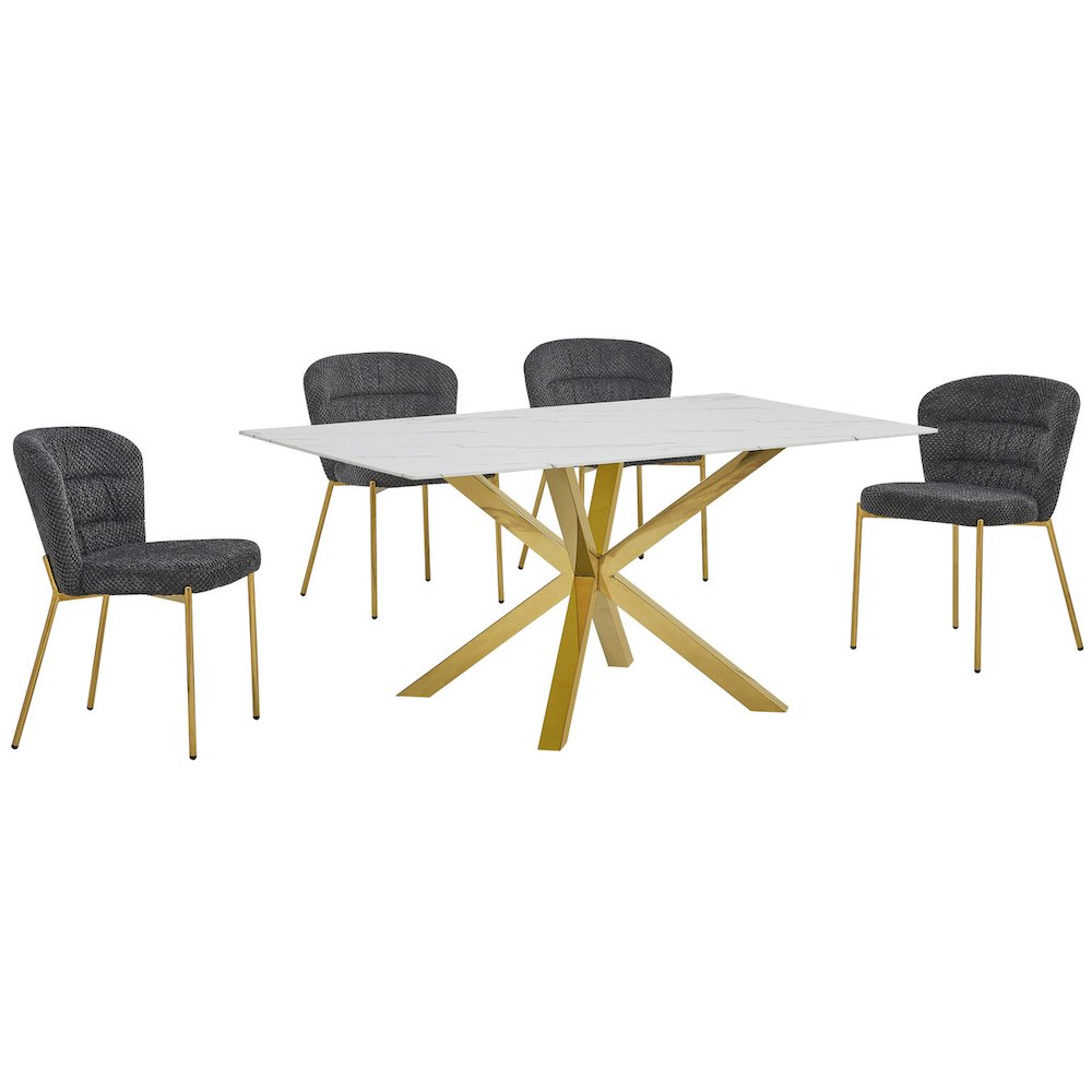 Rectangle White Marble Wrap Glass Dining Table With 4 Dark Grey Side Chairs