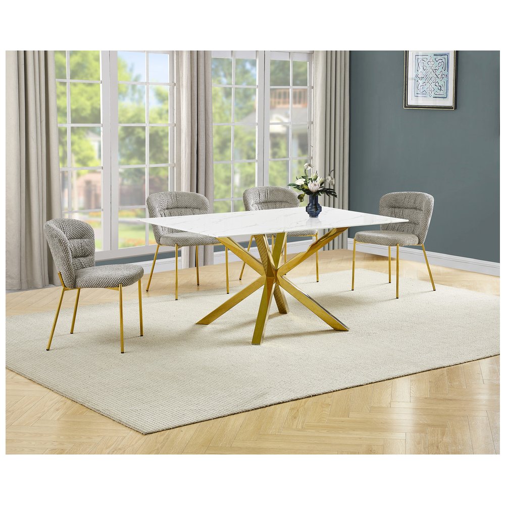 Rectangle White Marble Wrap Glass Dining Table With 4 Grey Side Chairs