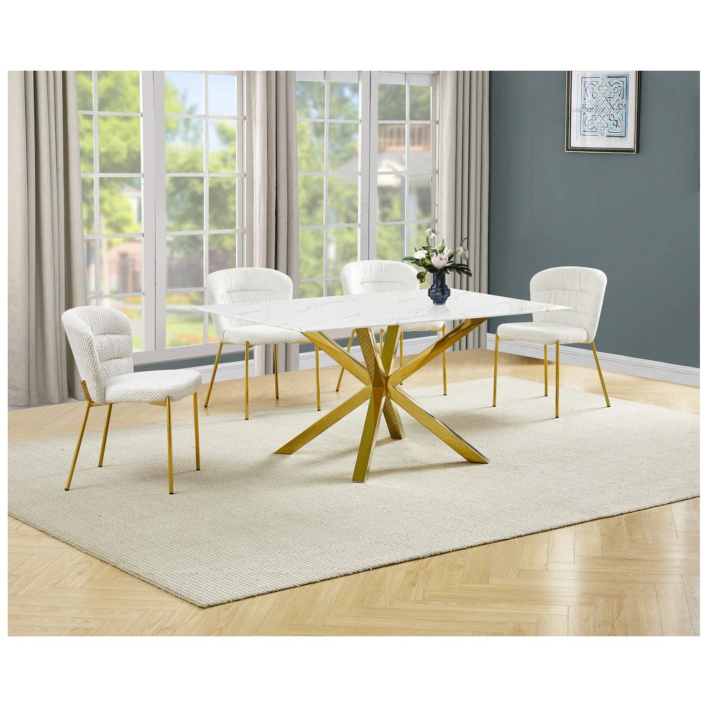 Rectangle White Marble Wrap Glass Dining Table With 4 Cream Side Chairs