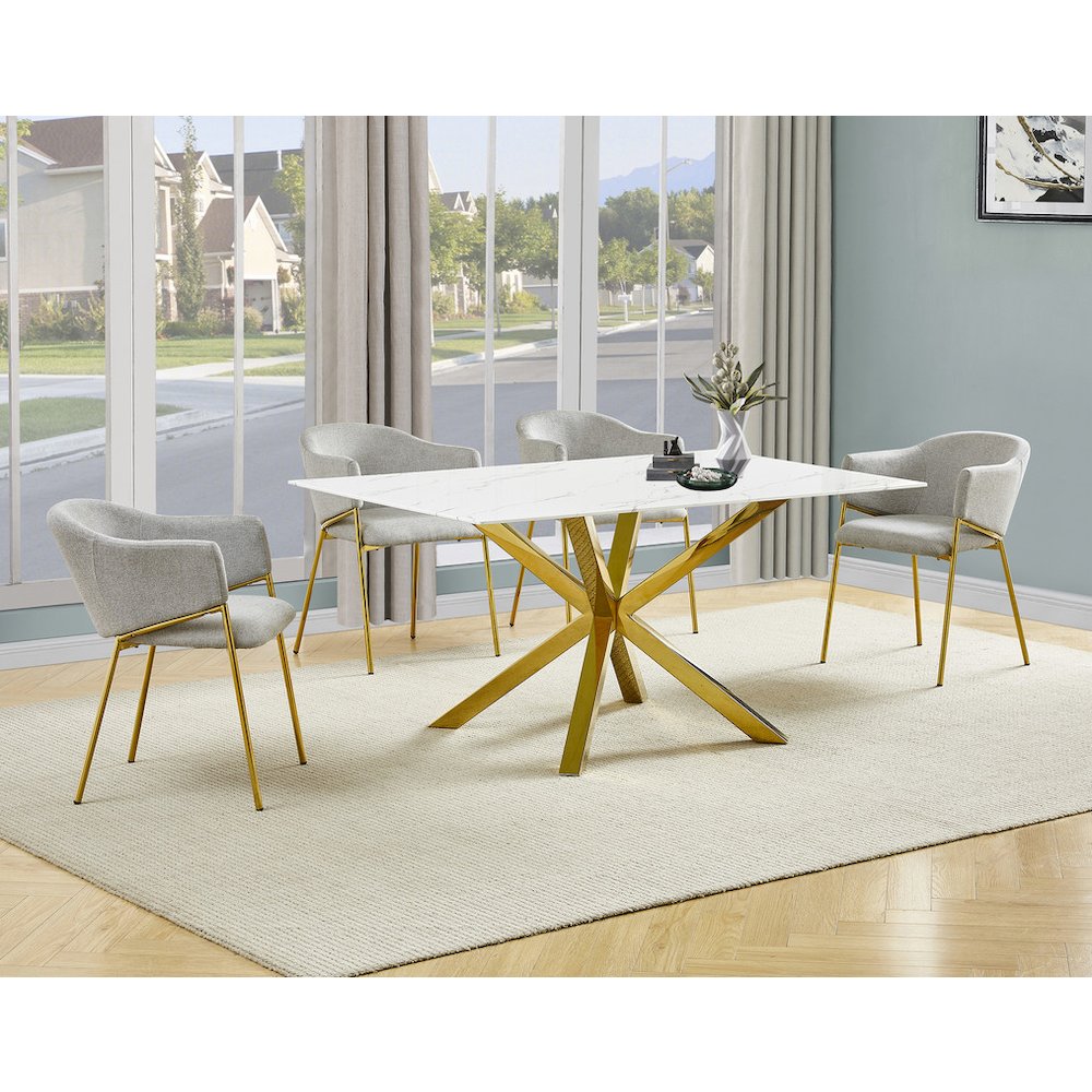 5Pc Rectangle Marble Wrap Tempered Glass Dining Table 4 Linen Gray Side Chairs
