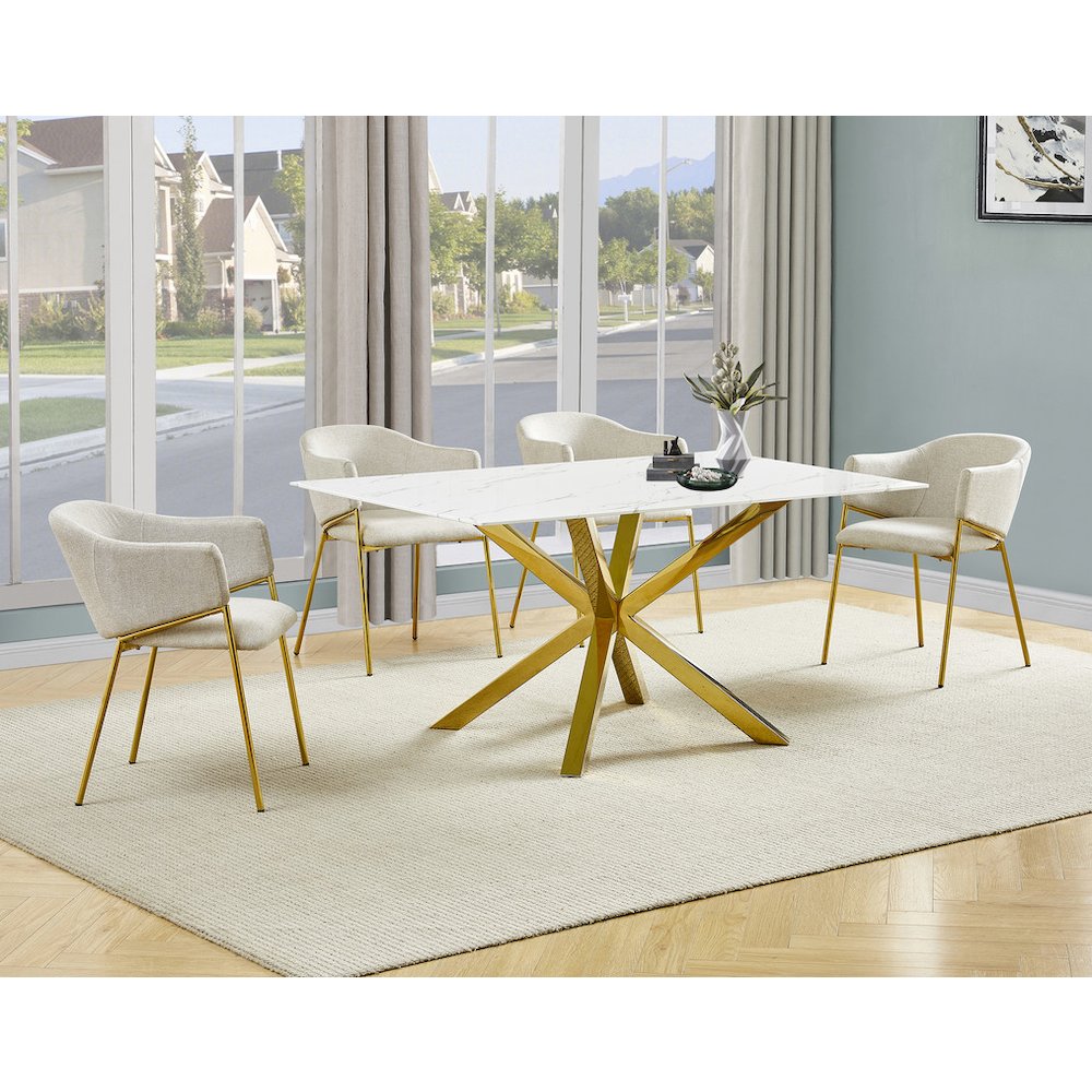 5Pc Rectangle Marble Wrap Tempered Glass Dining Table 4 Linen Beige Side Chairs