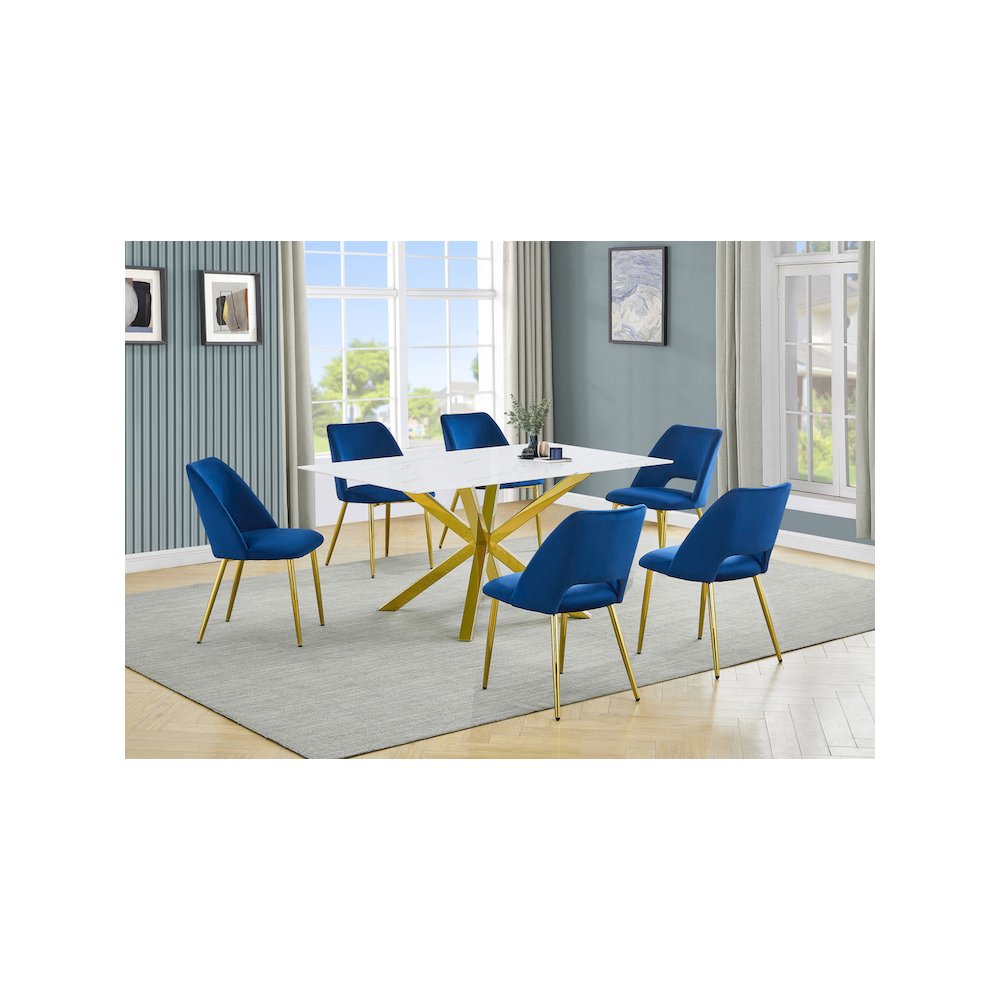 Best Quality Furniture Glass With White Marble Wrap Dining Set And Navy Chairs