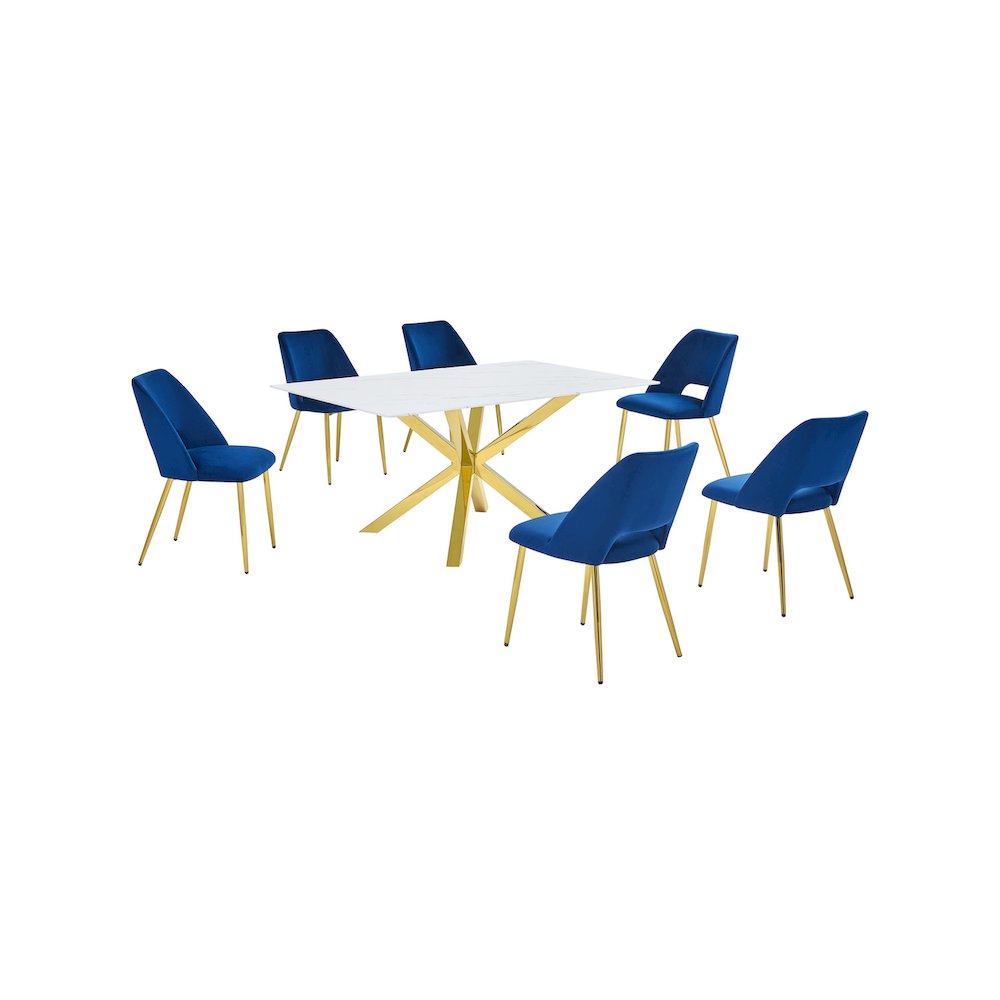 Best Quality Furniture Glass With White Marble Wrap Dining Set And Navy Chairs