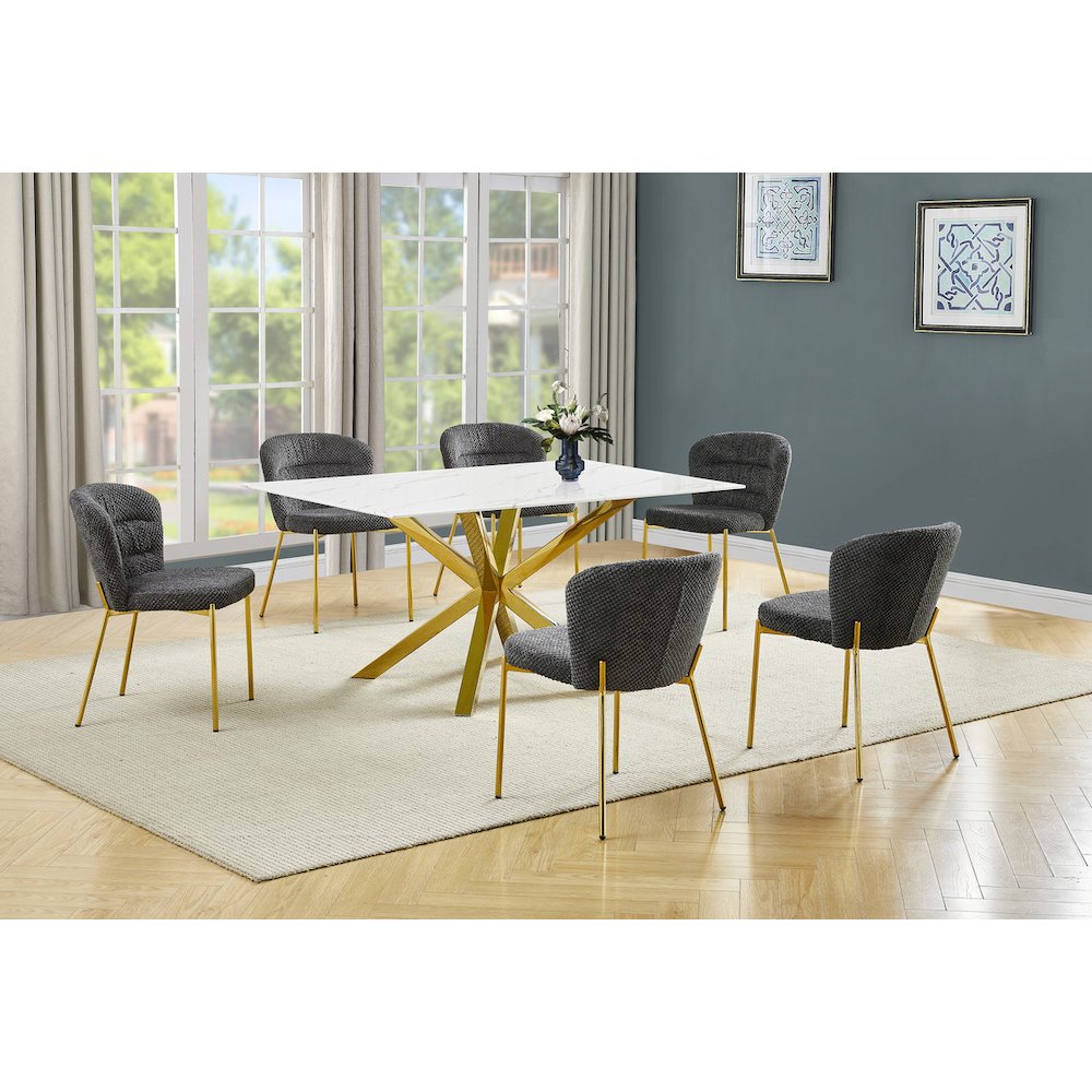 Rectangle White Marble Wrap Glass Dining Table With 6 Dark Grey Side Chairs